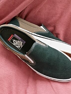 Vans Slip-On Suede Sneakers in Dark Army Green and Tan